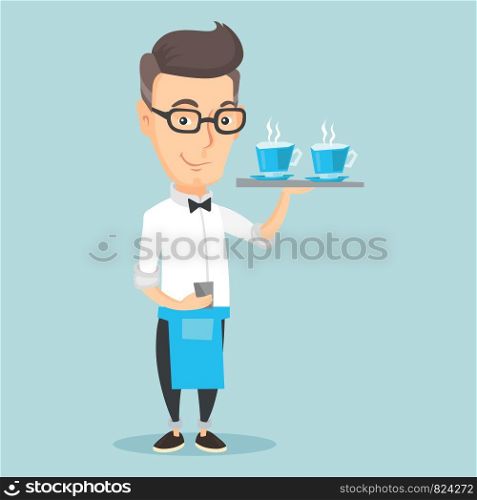 Adult smiling caucasian waiter holding a tray with cups of tea or coffee with steam. Friendly waiter standing with tray with cups of flavoured coffee. Vector flat design illustration. Square layout.. Waiter holding tray with cups of coffeee or tea.