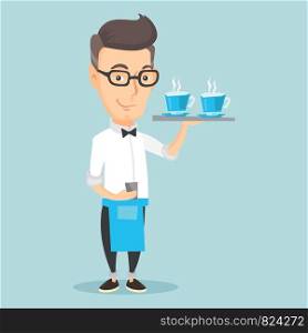 Adult smiling caucasian waiter holding a tray with cups of tea or coffee with steam. Friendly waiter standing with tray with cups of flavoured coffee. Vector flat design illustration. Square layout.. Waiter holding tray with cups of coffeee or tea.