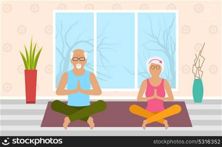 Adult Woman and Man Meditating in Pose Lotus, Home Interior. Leisure of Pensioners. Adult Woman and Man Meditating in Pose Lotus, Home Interior. Leisure of Pensioners - Illustration Vector