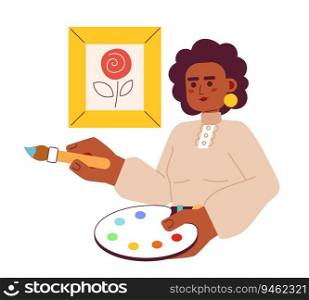 Adult woman painting picture semi flat color vector character. Editable half body artist with paintbrush and color palette on white. Simple cartoon spot illustration for web graphic design. Adult woman painting picture semi flat color vector character