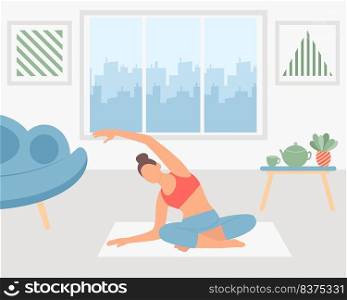 Adult woman practicing yoga at home vector illustration. Young girl is engaged in platece alone. Home calm environment and sport concept. Adult woman practicing yoga at home vector illustration