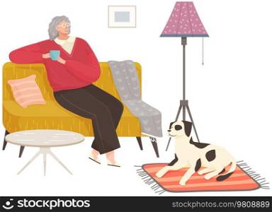 Adult woman sitting on couch at home drinking coffee resting after work, thinking about something. Female character stay in apartment sitting on sofa, drinking tea, enjoying free time, dreaming. Adult woman sitting on couch at home drinking coffee resting after work, thinking about something