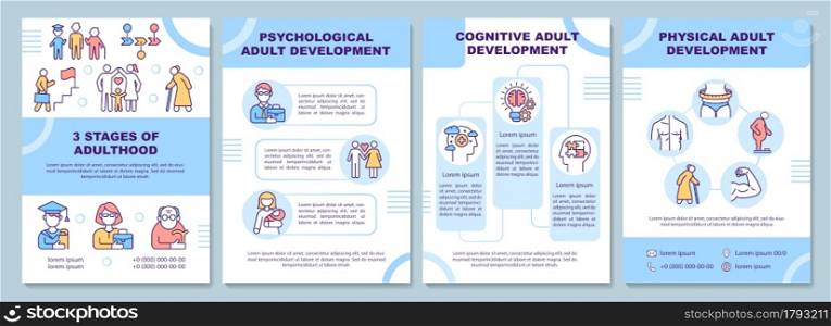 Adulthood development brochure template. Stages of maturity. Flyer, booklet, leaflet print, cover design with linear icons. Vector layouts for presentation, annual reports, advertisement pages. Adulthood development brochure template