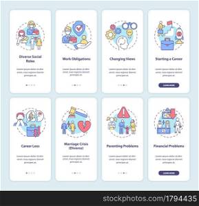 Adulthood onboarding mobile app page screen. Choosing direction. Maturity issues walkthrough 8 steps graphic instructions with concepts. UI, UX, GUI vector template with linear color illustrations set. Adulthood onboarding mobile app page screen