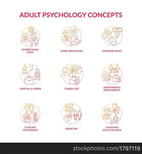 Adulthood psychology and social relationship concept icons set. Lifecycle through ups and downs. Personal realisation idea thin line color illustrations. Vector isolated outline drawings.. Adulthood psychology and social relationship concept icons set