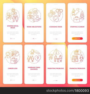 Adulthood psychology onboarding mobile app page screen set. Personal development walkthrough 4 steps graphic instructions with concepts. UI, UX, GUI vector template with linear color illustrations. Adulthood psychology onboarding mobile app page screen