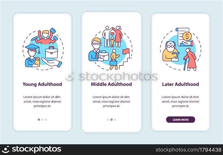 Adulthood stages onboarding mobile app page screen. Adult life transitions walkthrough 3 steps graphic instructions with concepts. UI, UX, GUI vector template with linear color illustrations. Adulthood stages onboarding mobile app page screen