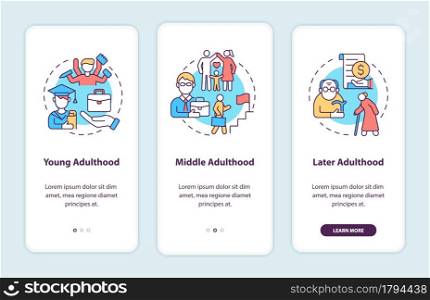 Adulthood stages onboarding mobile app page screen. Adult life transitions walkthrough 3 steps graphic instructions with concepts. UI, UX, GUI vector template with linear color illustrations. Adulthood stages onboarding mobile app page screen