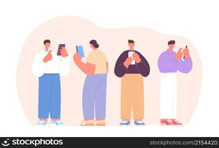 Adults gadget addiction. Digital communication, people use smartphones. Teens communicate in social media with mobile utter vector concept. Illustration of addiction smartphone or gadgets. Adults gadget addiction. Digital communication, people use smartphones. Teens communicate in social media with mobile utter vector concept