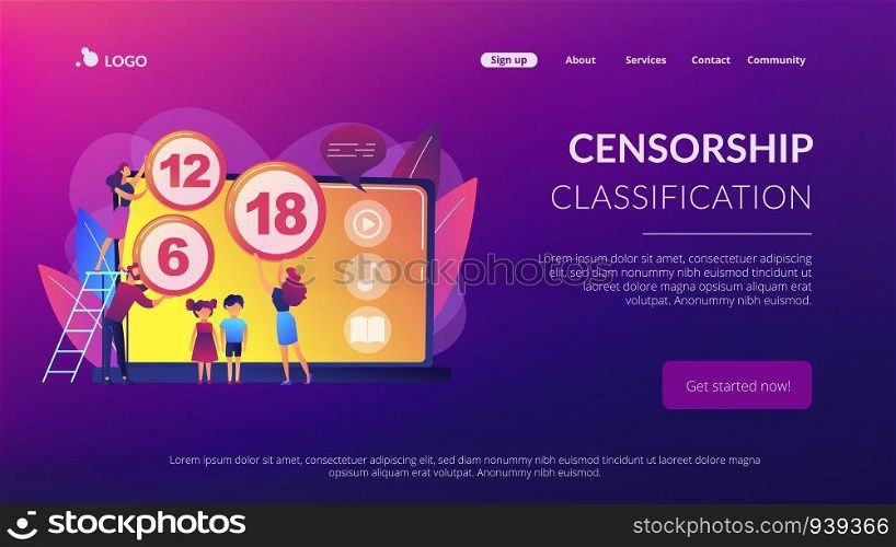 Adults rating content for children with age restriction signs. Content rating system, age limitation content, censorship classification concept. Website vibrant violet landing web page template.. Content rating system concept landing page.