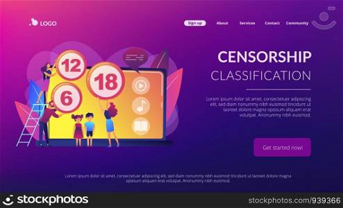 Adults rating content for children with age restriction signs. Content rating system, age limitation content, censorship classification concept. Website vibrant violet landing web page template.. Content rating system concept landing page.