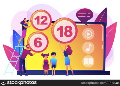 Adults rating content for children with age restriction signs. Content rating system, age limitation content, censorship classification concept. Bright vibrant violet vector isolated illustration. Content rating system concept vector illustration.