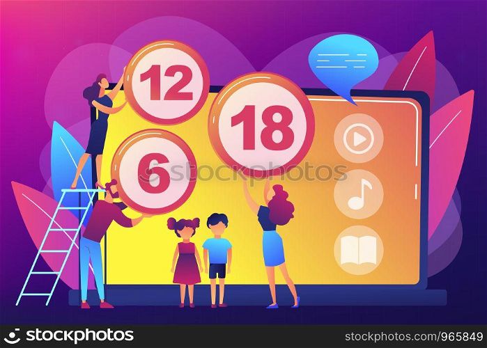 Adults rating content for children with age restriction signs. Content rating system, age limitation content, censorship classification concept. Bright vibrant violet vector isolated illustration. Content rating system concept vector illustration.