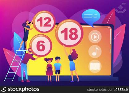 Adults rating content for children with age restriction signs. Content rating system, age limitation content, censorship classification concept. Bright vibrant violet vector isolated illustration. Content rating system concept vector illustration.