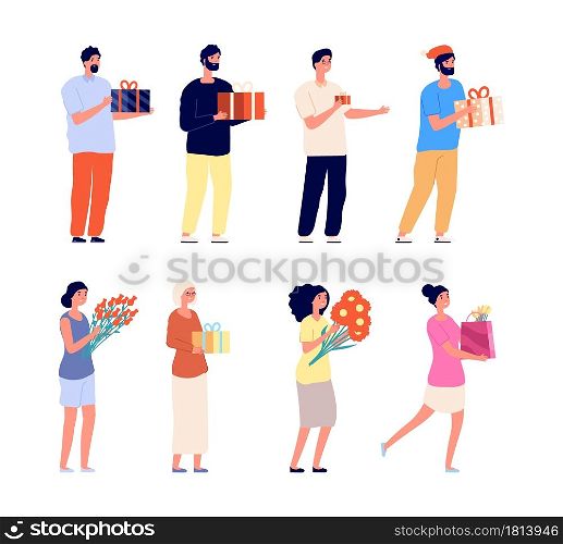 Adults with gifts. Man woman holding gift boxes and flowers. Surprise, birthday christmas anniversary celebrate characters. Festive people vector illustration. Birthday and anniversary gifts. Adults with gifts. Man woman holding gift boxes and flowers. Surprise, birthday christmas anniversary celebrate characters. Festive people vector illustration