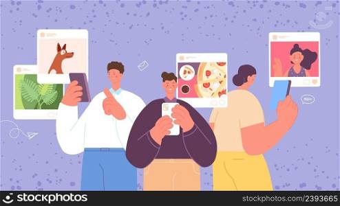 Adults with smartphones. Social media, post photos. People communication, look and like posts vector concept. Illustration of social mobile photo on display. Adults with smartphones. Social media, post photos. People communication, look and like posts vector concept