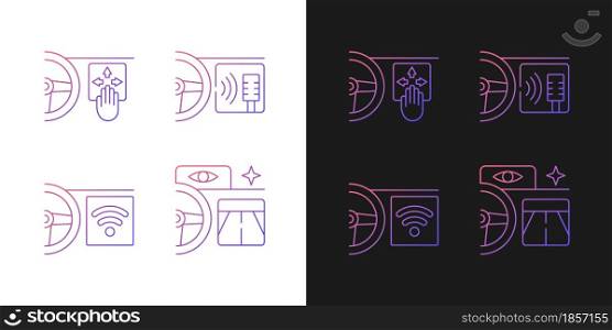 Advanced car technologies gradient icons set for dark and light mode. Built in features. Thin line contour symbols bundle. Isolated vector outline illustrations collection on black and white. Advanced car technologies gradient icons set for dark and light mode