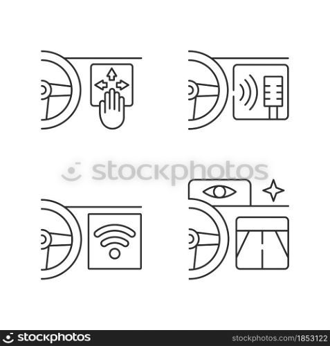 Advanced car technologies linear icons set. Gesture control. Digital voice assistance. Night vision. Customizable thin line contour symbols. Isolated vector outline illustrations. Editable stroke. Advanced car technologies linear icons set