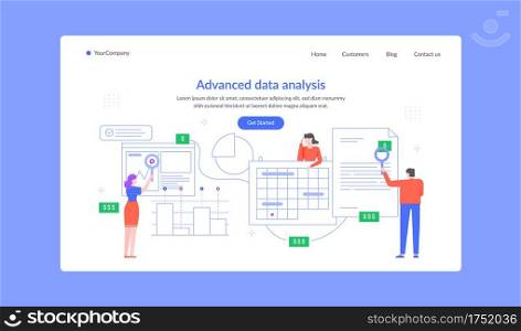 Advanced data analysis landing page, team research. Vector finance data analysis, chart research analyzing, illustration business web analytic. Advanced data analysis landing page, team research