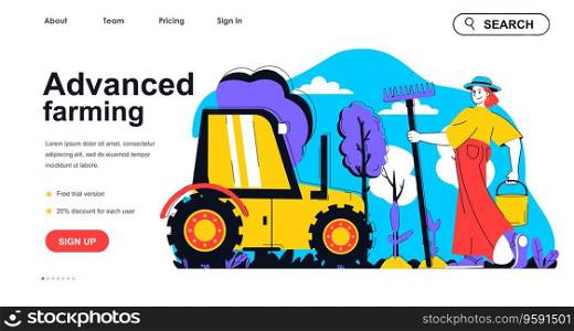 Advanced farming concept for landing page template. Woman working on farm, growing plants with modern machinery. Gardening people scene. Vector illustration with flat character design for web banner