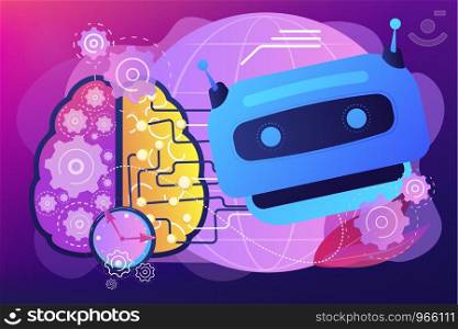 Advanced, futuristic artificial intelligence. Deep learning algorithm. Technological singularity, technological growth, post-human era concept. Bright vibrant violet vector isolated illustration. Technological singularity concept vector illustration