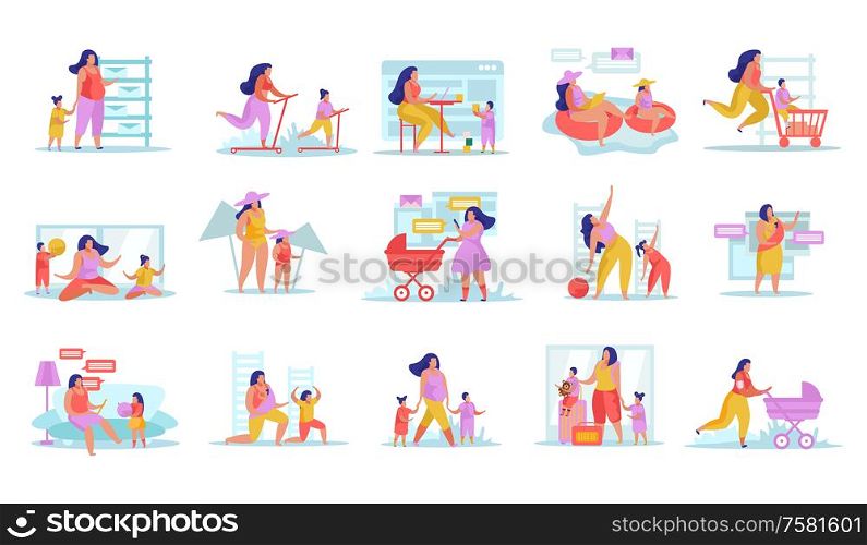 Advanced motherhood flat icons set with mum playing walking and doing sports with her children isolated vector illustration