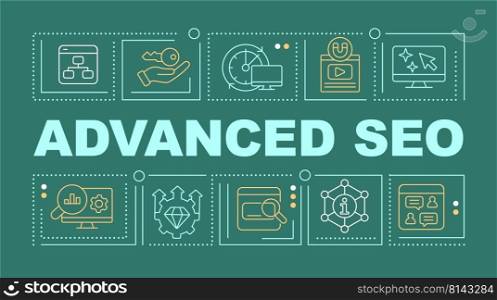 Advanced search engine optimization word concepts dark green banner. Infographics with editable icons on color background. Isolated typography. Vector illustration with text. Arial-Black font used. Advanced search engine optimization word concepts dark green banner