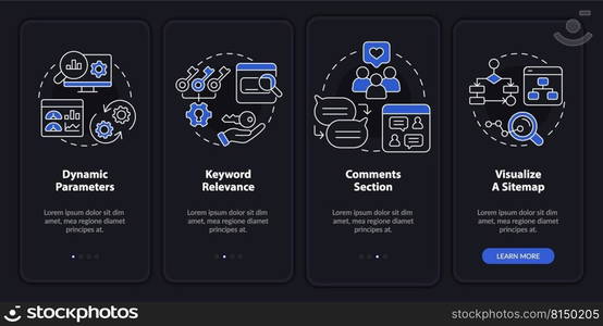 Advanced SEO night mode onboarding mobile app screen. Walkthrough 4 steps editable graphic instructions with linear concepts. UI, UX, GUI template. Myriad Pro-Bold, Regular fonts used. Advanced SEO night mode onboarding mobile app screen