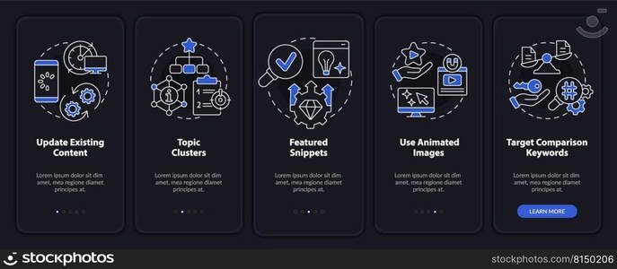 Advanced SEO techniques night mode onboarding mobile app screen. Walkthrough 5 steps editable graphic instructions with linear concepts. UI, UX, GUI template. Myriad Pro-Bold, Regular fonts used. Advanced SEO techniques night mode onboarding mobile app screen