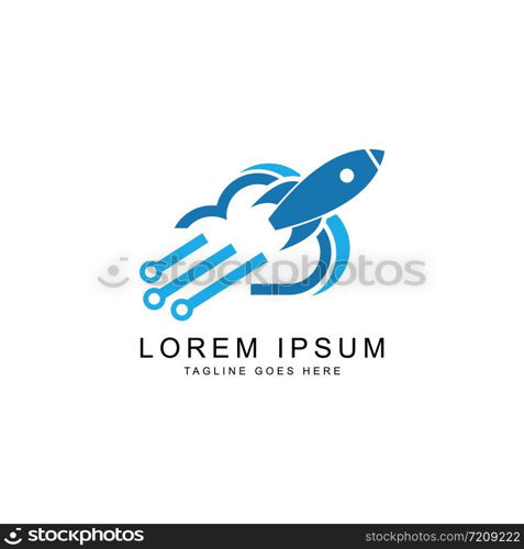 Advanced technology of rocket gliding and cloud vector logo design