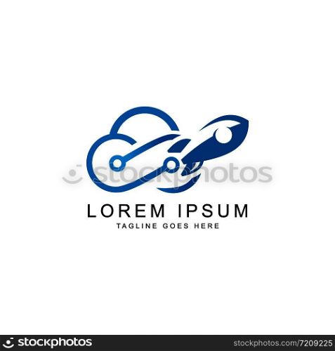 Advanced technology of rocket gliding and cloud vector logo design