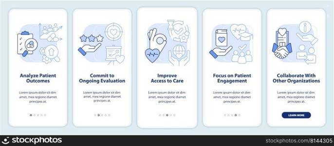 Advancing healthcare system light blue onboarding mobile app screen. Walkthrough 5 steps editable graphic instructions with linear concepts. UI, UX, GUI template. Myriad Pro-Bold, Regular fonts used. Advancing healthcare system light blue onboarding mobile app screen
