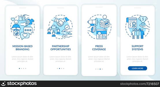 Advantages for social entrepreneurship blue onboarding mobile app page screen. Walkthrough 4 steps graphic instructions with concepts. UI, UX, GUI vector template with linear color illustrations. Advantages for social entrepreneurship blue onboarding mobile app page screen
