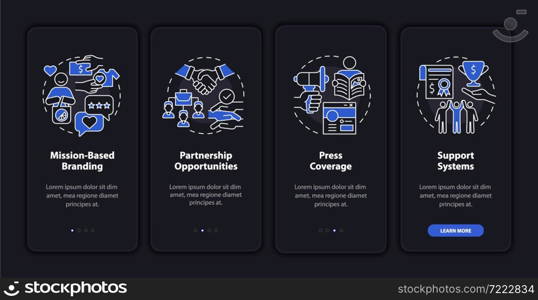 Advantages for social entrepreneurship dark onboarding mobile app page screen. Walkthrough 4 steps graphic instructions with concepts. UI, UX, GUI vector template with linear night mode illustrations. Advantages for social entrepreneurship dark onboarding mobile app page screen