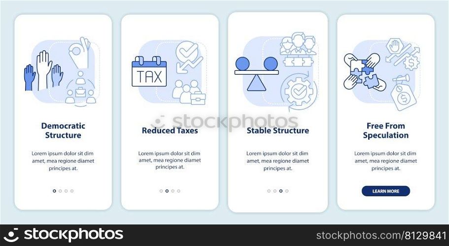 Advantages of co-ops light blue onboarding mobile app screen. Membership walkthrough 4 steps graphic instructions pages with linear concepts. UI, UX, GUI template. Myriad Pro-Bold, Regular fonts used. Advantages of co-ops light blue onboarding mobile app screen
