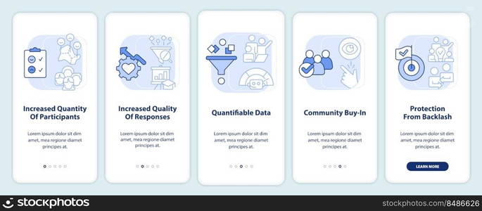 Advantages of digital engagement light blue onboarding mobile app screen. Walkthrough 5 steps editable instructions with linear concepts. UI, UX, GUI template. Myriad Pro-Bold, Regular fonts used. Advantages of digital engagement light blue onboarding mobile app screen