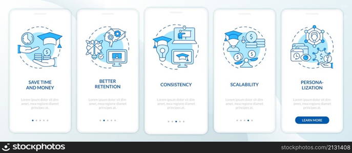 Advantages of elearning blue onboarding mobile app screen. Walkthrough 5 steps graphic instructions pages with linear concepts. UI, UX, GUI template. Myriad Pro-Bold, Regular fonts used. Advantages of elearning blue onboarding mobile app screen