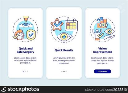 Advantages of laser eye surgery onboarding mobile app page screen. Vision surgery walkthrough 3 steps graphic instructions with concepts. UI, UX, GUI vector template with linear color illustrations. Advantages of laser eye surgery onboarding mobile app page screen