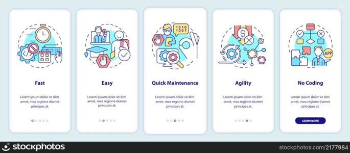 Advantages of no code onboarding mobile app screen. Web 3 0 walkthrough 5 steps graphic instructions pages with linear concepts. UI, UX, GUI template. Myriad Pro-Bold, Regular fonts used. Advantages of no code onboarding mobile app screen