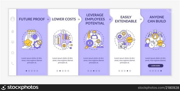 Advantages of no code purple and white onboarding template. Web 3 0. Responsive mobile website with linear concept icons. Web page walkthrough 5 step screens. Lato-Bold, Regular fonts used. Advantages of no code purple and white onboarding template