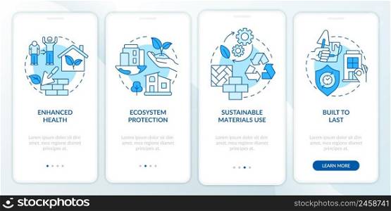 Advantages of sustainable architecture blue onboarding mobile app screen. Walkthrough 4 steps graphic instructions pages with linear concepts. UI, UX, GUI template. Myriad Pro-Bold, Regular fonts used. Advantages of sustainable architecture blue onboarding mobile app screen