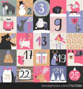Advent calendar. Christmas december calendar, xmas advent numbers with snowflakes and winter animals vector illustration. Advent calendar with winter animals