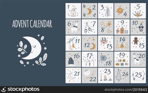 Advent calendar. Christmas poster. Xmas numbers. Joy funny lettering geometric forms festive concept calendar numbers recent vector templates for celebration placards.. Advent calendar. Christmas poster. Xmas numbers. Joy funny lettering geometric forms festive concept calendar numbers recent vector templates for celebration placards