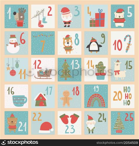 Advent calendar. Christmas poster. Xmas numbers. Joy funny lettering geometric forms festive concept calendar numbers recent vector templates for celebration placards.. Advent calendar. Christmas poster. Xmas numbers hand draw style