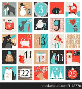 Advent calendar. December countdown calendar vector illustration, christmas eve creative winter cartoon background set with numbers. Advent calendar. December countdown calendar vector illustration, christmas eve creative winter background set with numbers