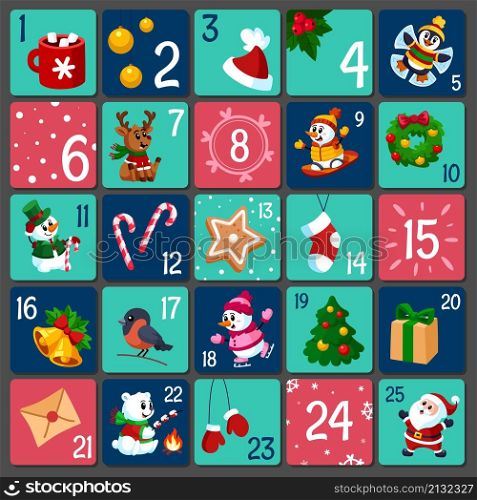 Advent calendar. Gifts numbers, cute holiday card windows. Christmas kids creative presents, xmas decoration prints. December childish countdown vector play. Illustration of calendar december template. Advent calendar. Gifts numbers, cute holiday card windows. Christmas kids creative presents, xmas decoration prints. December childish countdown garish vector play
