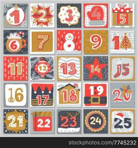 Advent calendar of Christmas or Xmas winter holiday. Vector countdown to Christmas with numbers, Santa gifts, Xmas tree decorations and snowman, reindeer, present box, snow and house, hand drawn cards. Advent calendar, Christmas holiday countdown