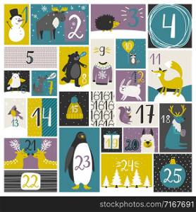 Advent calendar with cartoon forest animals, vector illustration. Advent calendar with forest animals