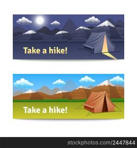 Adventure and hike realistic horizontal banners set with tent and mountains isolated vector illustration . Adventure And Hike Banners Set