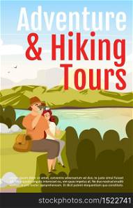 Adventure and hiking tours brochure template. Flyer, booklet, leaflet concept with flat illustration. Vector page cartoon layout for magazine. Expedition advertising invitation with text space